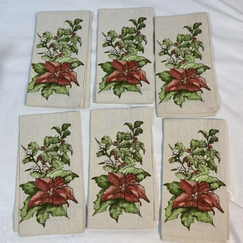 6 Pottery Barn Poinsettia Linen Blend Napkins